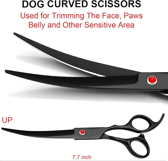 TINMARDA Dog Grooming Kit, Titanium Black Stainless Steel Dog Grooming Scissors with Curved Shears, Black Finger Rings - 5 Piece Sharp Durable Pet Shears for Dogs Cats At Home Salon-Quality Grooming