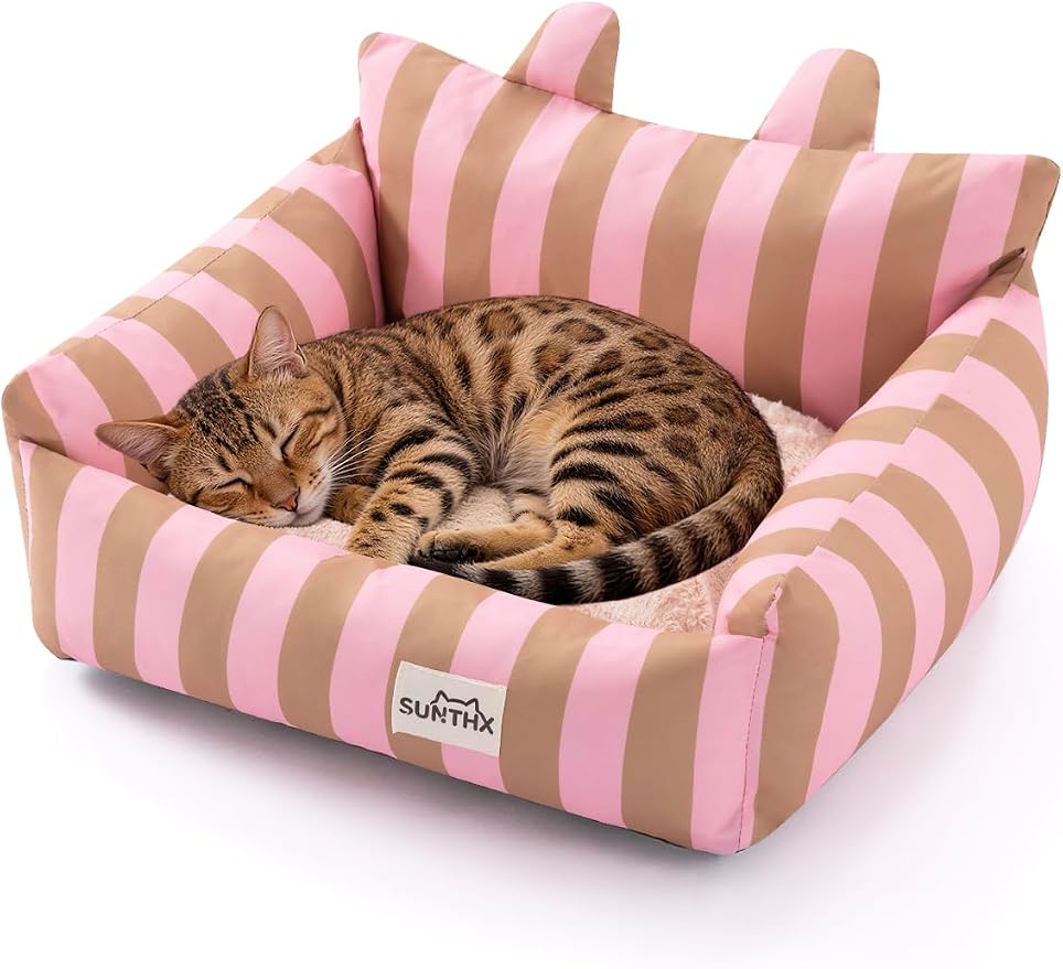 Cat Couch, Reversible Pet Bed for Indoor Cats – 2-Sided Cat Sofa with Oxford Fabric and Plush Fleece, Washable Small Dog Couch for Puppies and Senior Pets, Non-Slip Bottom, 22 inch, Pink Brown