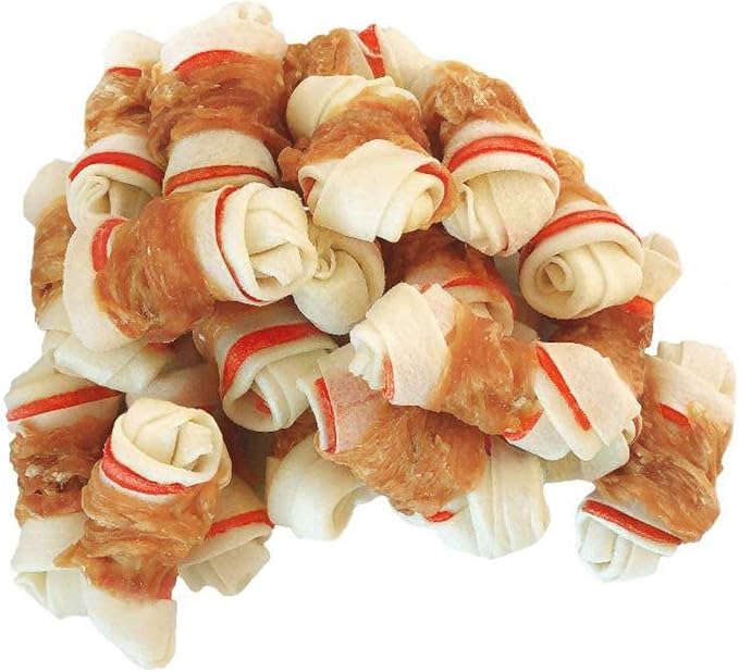Chicken Wrapped Rawhide Bones, 2.5 Inch Mini Knots Dog Treats, High Protein 65% Puppy Chews and Satisfying Rewards for All Breeds, 16 Ounces