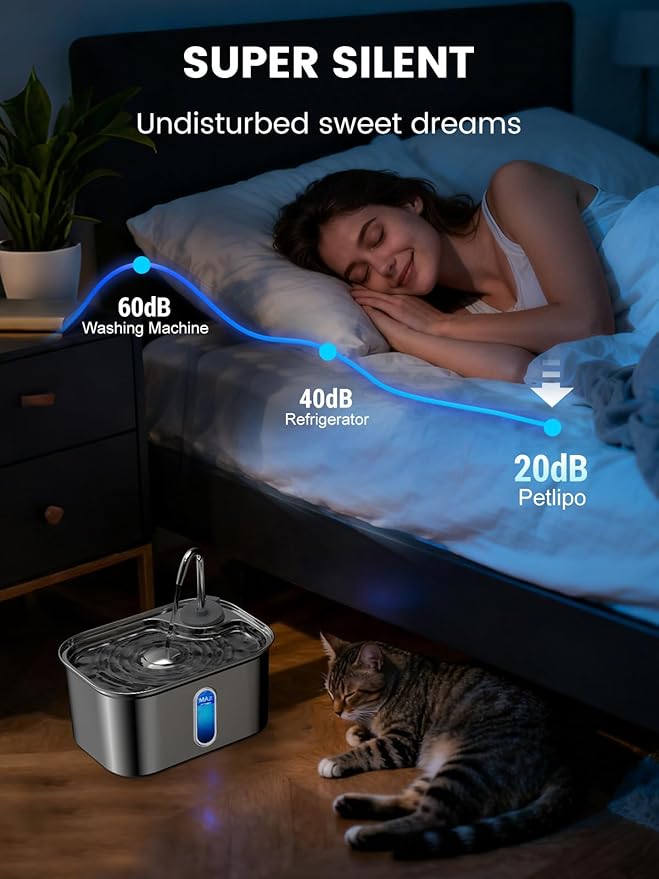 Cat Water Fountain Stainless Steel for Cats Indoor 2.5L 85oz by BPA-Free SUS304, Effective 6-Layer Filter Cat Fountain for Drinking 20dB Ultra Quiet & Soft Flow Metal Pet Water Fountain