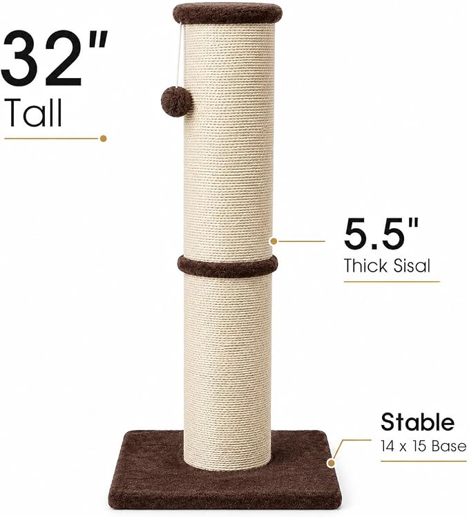 PAWSCRAT Cat Scratching Post 32 Inch High, 5.5 Inch Large Diameter Natural Sisal Cat Scratch Post, Scratch-Resistant and Durable Tall Cat Scratcher for Indoor Cats, Protect Your Furniture, Brown