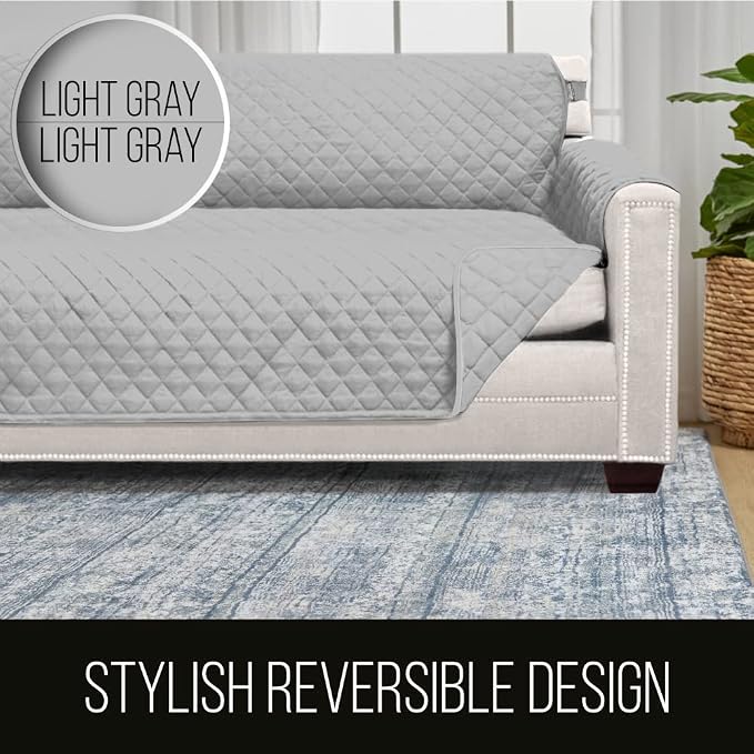 Sofa Shield® Couch Loveseat Covers for Dogs, Reversible Furniture Protector with Strap, Stain and Tear Resistant Cushion Cover, 54 inch Seat, Machine Washable Slipcover Pets, Cats, Light Gray