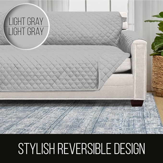 Sofa Shield® Couch Slip Covers for Dogs, Reversible Furniture Protector with Strap, Stain and Tear Resistant Cushion Cover, 62 inch Seat, Machine Washable Slipcover Pets, Cats, Light Gray