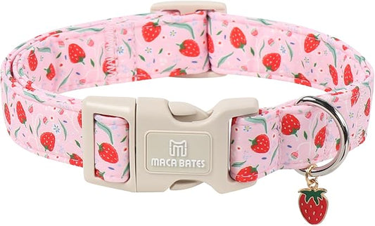 Maca Bates Spring Pink Basic Dog Collar with Strawberry Charm for Large Girl Boy Dogs, Leaves Strawberries Pattern,Pretty Gift Adjustable Durable Soft Collars for Male Female Puppy