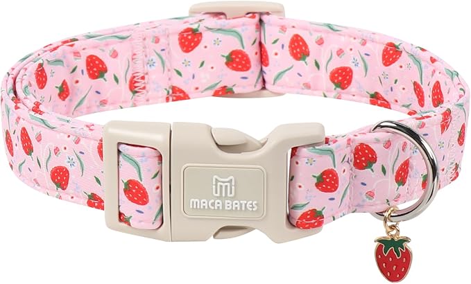 Maca Bates Spring Pink Basic Dog Collar with Strawberry Charm for Extra Large Girl Boy Dogs, Leaves Strawberries Pattern,Pretty Gift Adjustable Durable Soft Collars for Male Female Puppy