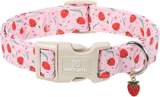 Maca Bates Spring Pink Basic Dog Collar with Strawberry Charm for Extra Large Girl Boy Dogs, Leaves Strawberries Pattern,Pretty Gift Adjustable Durable Soft Collars for Male Female Puppy