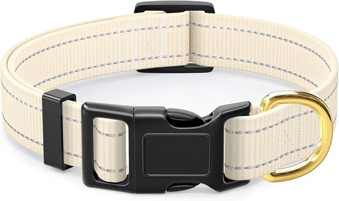 Reflective Dog Collar for Large Dogs, Cute Adjustable Heavy-Duty Nylon Puppy Collars for Boy and Girl Female, Soft Pet Accessories with Quick Release Buckle, Neck 16-24", Beige
