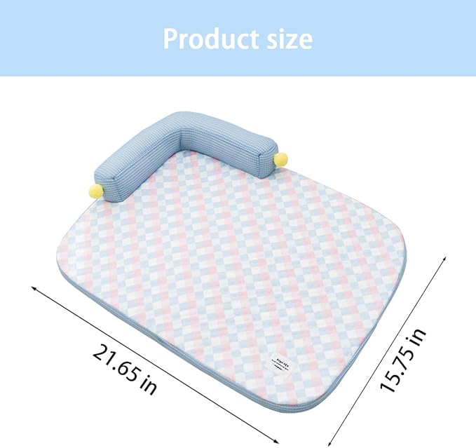 Cooling Cat Bed with Pillow – L-Shaped Sofa Design, Breathable Summer Mat for Kittens & Cats, Machine-Washable Cushion Calming Bed for Persian, Siamese, Small Pets (Blue, 25"x19"x4")