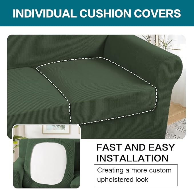 Turquoize 3 Piece Sofa Covers for 2 Cushion Couch Sofa Slipcover Soft Couch Cover for Dogs-Washable Sofa Furniture Covers with 2 Individual Cushion Covers, Feature Fabric (2 Cushion Sofa,Bronze Green)