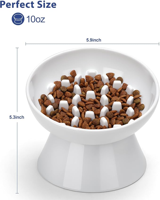 Ceramic Slow Feeder Cat Bowl, 2 Cups Tilted Elevated Cat Slow Feeder Bowl for Dry and Wet Food, Honeycomb Design for Preventing Vomiting & Bloating (White-Honeycomb)