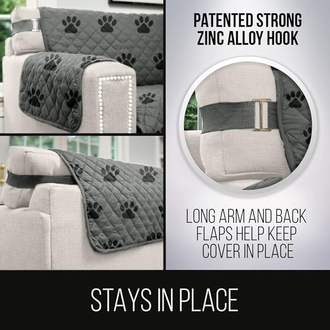 Sofa Shield® Couch Slip Covers for Dogs, Reversible Furniture Protector with Strap, Stain and Tear Resistant Cushion Cover, 70 inch Seat, Machine Washable Slipcover Pets, Cats, Paw Gray Black