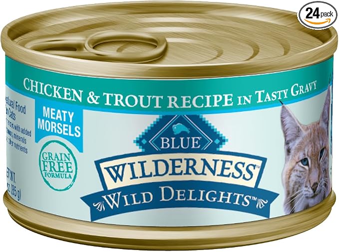 Blue Buffalo Wilderness Wild Delights Meaty Morsels Wet Cat Food, High-Protein & Grain-Free, Made with Natural Ingredients, Chicken & Trout Recipe in Tasty Gravy, 3-oz. Cans (24 Count)