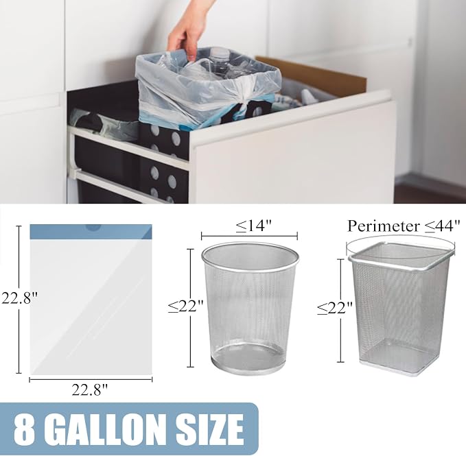 Drawstring 8 Gallon Trash Bags - Tear-Free Medium Trash Bags, Unscented 8 Gal Garbage Bags, 45 Count