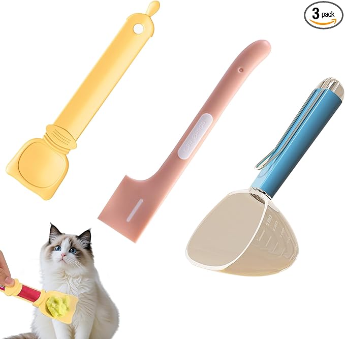 Pet Food Scoop Set 3-Pack, Long Handled Cat Food Measuring Cup with Stainless Steel Clip, Silicone Pet Can Mixing Spoon with Opener, Cute Cat Strip Feeder, Easy to Clean, Safe and Reliable