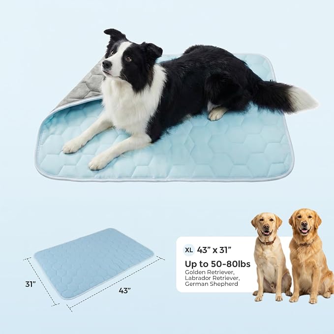 Sytopia 43"x31" Dog Cooling Mat for Extra Large Dogs, Q-Max>0.5 All Season Thin Breathable Cooling Crate Pad Indoor for Pet, Portable Washable & Non-Toxic Kennel Mat for Summer Active Dog, Light Blue
