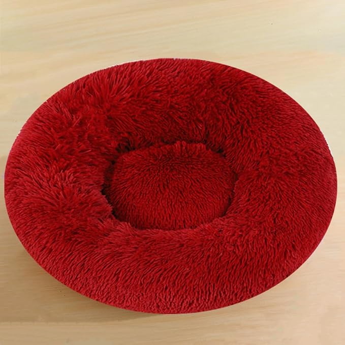 Calming Donut Dog Bed, 47 Inch Round Fluffy Dogs Beds for Extra Large Dogs, Anti-Anxiety Donut Cuddler Cat Bed with Anti-Slip Bottom, Fluffy Faux Fur Washable Pet Beds, Red