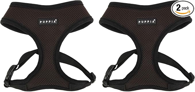 Puppia Soft Dog Harness No Choke Over-The-Head Triple Layered Breathable Mesh Adjustable Chest Belt and Quick-Release Buckle, Brown, Small (Pack of 2)