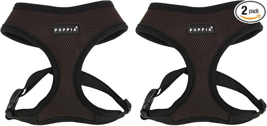 Puppia Soft Dog Harness No Choke Over-The-Head Triple Layered Breathable Mesh Adjustable Chest Belt and Quick-Release Buckle, Brown, Small (Pack of 2)