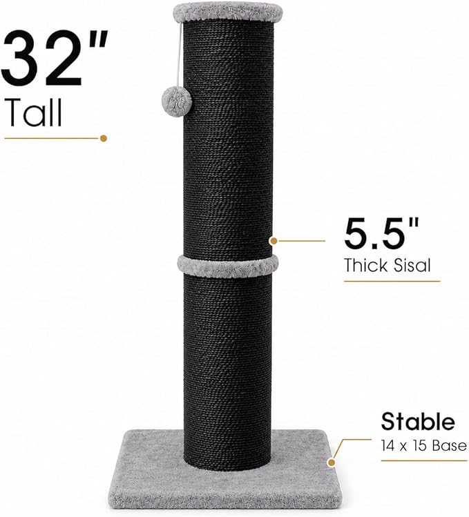 PAWSCRAT Cat Scratching Post 32 Inch High, 5.5 Inch Large Diameter Natural Sisal Cat Scratch Post, Scratch-Resistant and Durable Tall Cat Scratcher for Indoor Cats, Protect Your Furniture, Black
