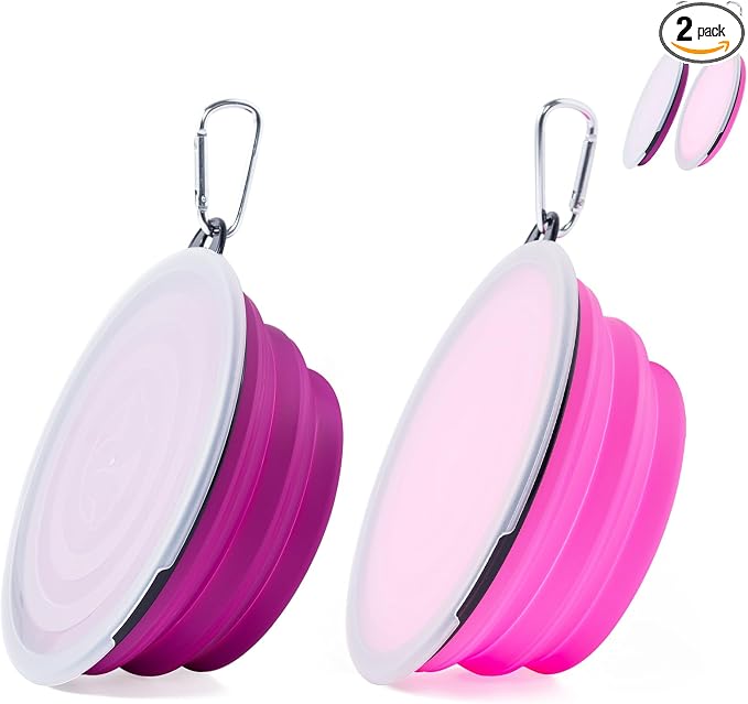SLSON Dog Bowls Pet Collapsible Bowl with Cover Lids,2 Pack Dog Travel Bowls Portable Foldable Cat Water Dish Bowl for Pets Walking Parking Camping (Pink and Purple, Large)