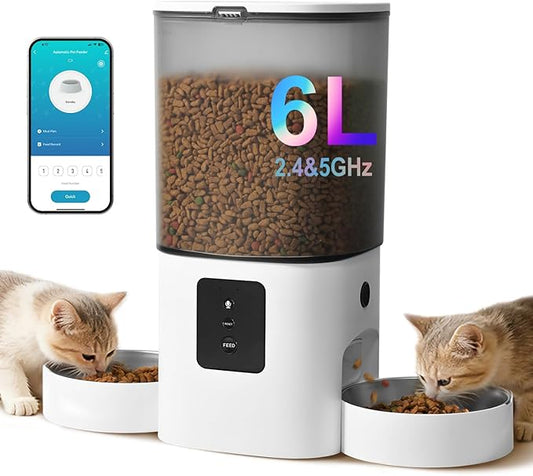 ANDOLL HOME 2.4G/5G Automatic Cat Feeder, 6L WiFi Cat Food Dispenser with 10s Voice Recorder, Double Bowl Pet Feeder up to 10 Meals per Day, Timed Feeder with Dry Food Sealed Ring (White)