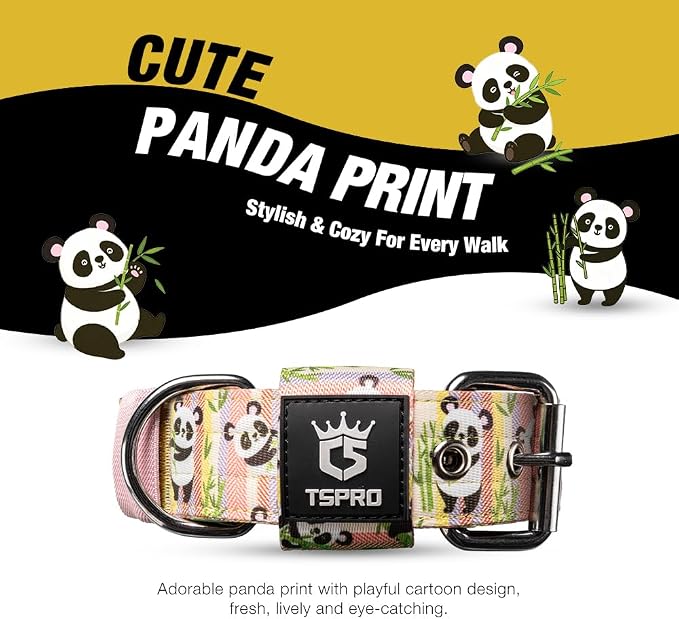 TSPRO Tactical Heavy Duty Dog Collar 1.5 Inch Wide & Thick, Durable Metal Buckle, Adjustable for Medium to Large Dogs, Strong & Comfortable for Daily Use (Cute Panda Print, L)
