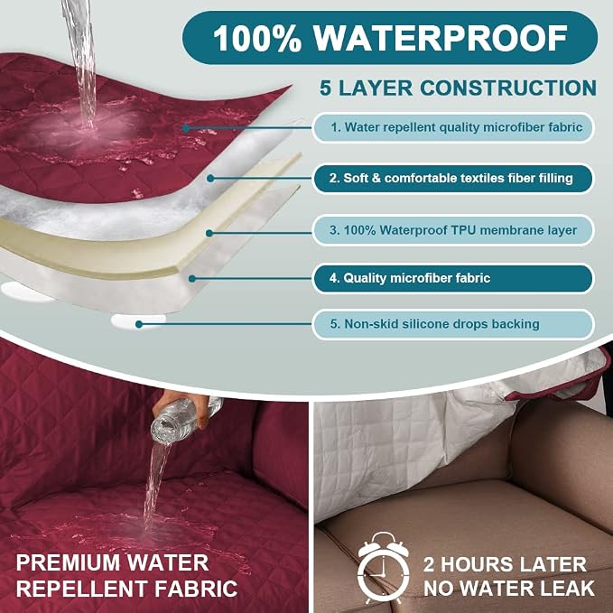 Turquoize 100% Waterproof Couch Cover Sofa Covers Washable Couch Covers for 3 Cushion Couch Pet Friendly Triple Non-Slip Couch Cover for Dogs Furniture Covers for Pets, Kids,Dog (Sofa 70", Burgundy)