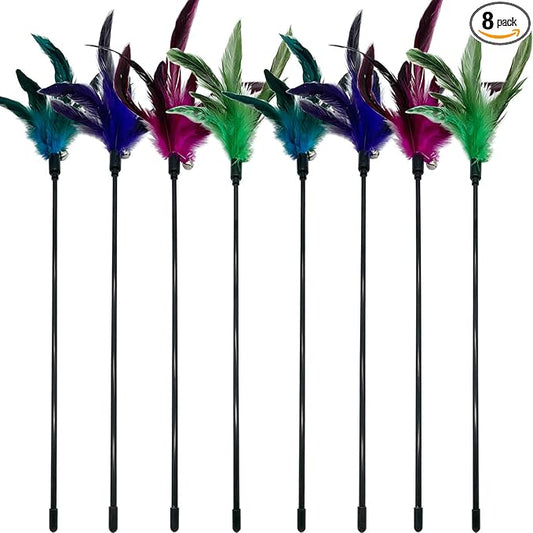 Cat Wand Toy Feather Stick Cat Toys, 8 Pieces Interactive Cat Toy Feathers Wand for Indoor Cats