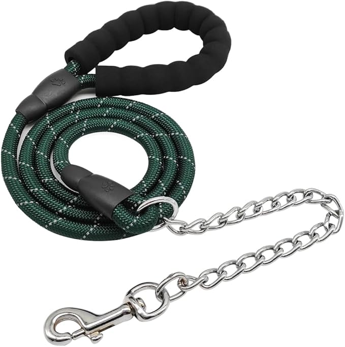 BTINESFUL 6FT Chewproof Dog Leash, Strong Nylon Rope with Anti-Chewing Chain and Padded Handle for Medium Large Dogs Outdoor Training Walking Hiking Dark Green