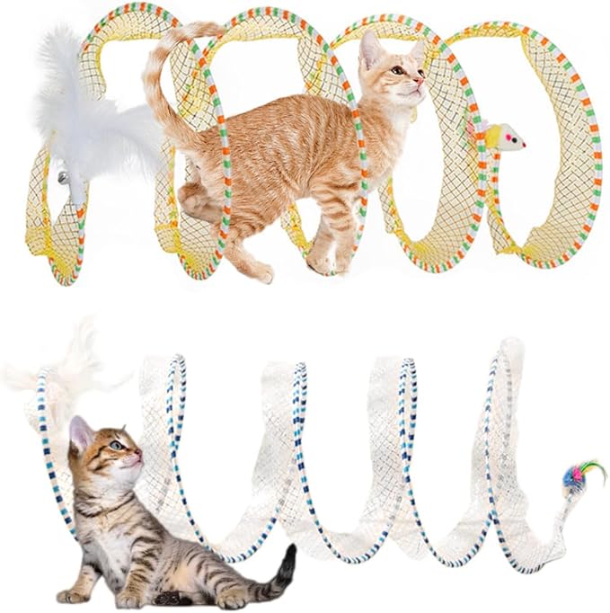 Spiral Tunnel Cat Toy 2 Pcs, 25.59 Inches Unfolded with Cat Wand Self Play Collapsible, Hunting Spiral Tunnel with Feather Mouse Toys and Bell for Indoor Kitten Play Chase Exercise