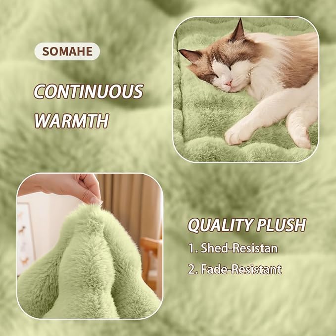 SOMAHE Cat Bed Mat, Soft Plush Faux Fur Kneading Pet Bed, Machine Washable Cat Sleeping Pad for Indoor Cats & Kittens, Non-Slip Fluffy Cat Rug for Couch Sofa Floor, 23x15 Inch Green