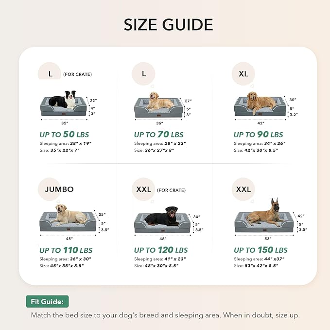 Orthopedic Dog Beds for Extra Large Sized Dogs 42x30 Inch, XL Waterproof Egg Crate Foam Dog Sofa Bed with Removable Washable Cover Big Pet Couch with Bolster & Non-Slip Bottom, Grey
