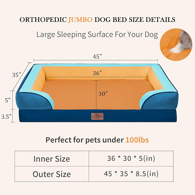 Comfort Expression Orthopedic Dog Bed for Extra Large Dogs 45x35 Inch, Waterproof Egg Crate Foam XL Pet Bed with Bolsters, Dog Couch with Washable Cover & Non-Slip Bottom, Golden Harbor