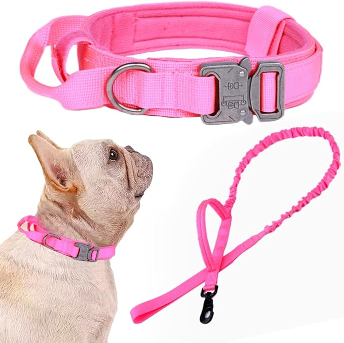 Tactical Dog Collar and Leash Set Adjustable Military Nylon Dog Collar with Control Handle and Heavy Duty Metal Buckle for Large Dogs（Pink S
