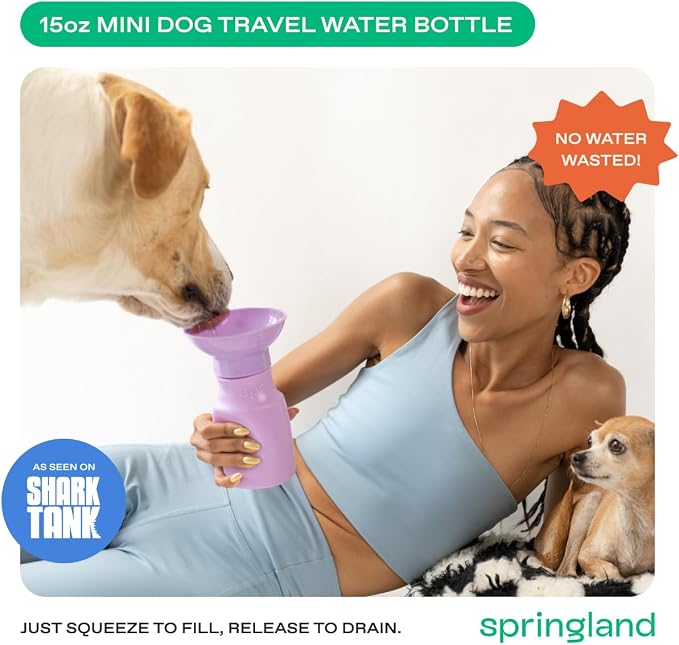 Springer by Springland 15oz Mini Dog Travel Water Bottle, Lilac, Portable Dispenser for Dogs & Puppies, Patented Leak-Proof Bowl, BPA-Free, One-Hand Squeeze, Carabiner Included | Shark Tank