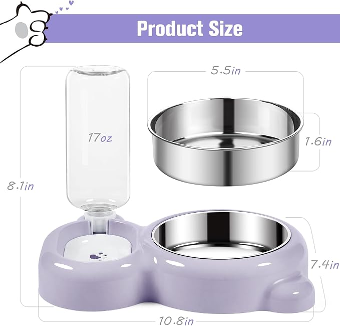 Double Dog Cat Bowls, Cat Food and Water Bowl Set with Auto-Water Dispenser and Stainless Steel Bowl Feeder for Small Size Dogs & Cats, Anti-Slip & Splash Design, Cute Purple