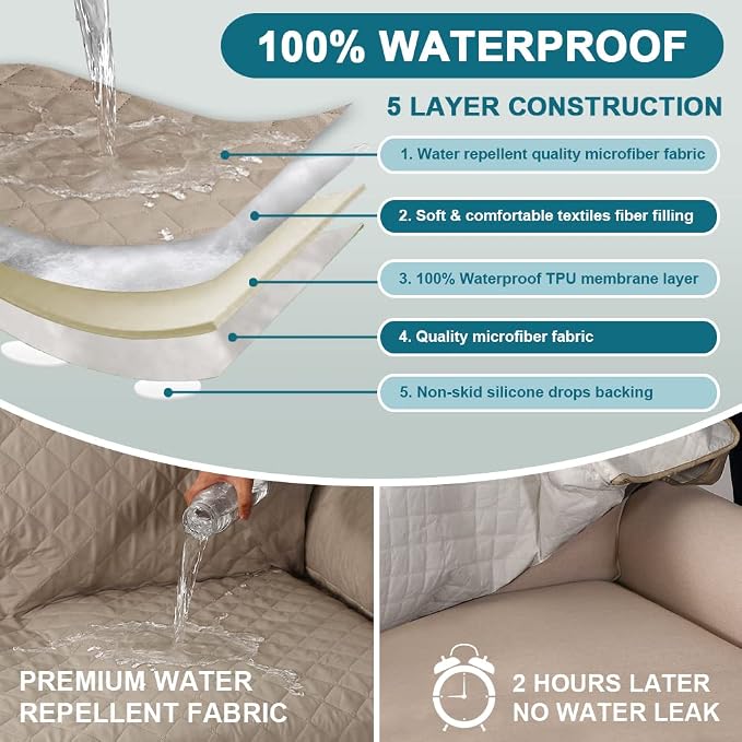 Turquoize 100% Waterproof Sofa Covers Chaise Lounge L Shape Sofa Protector Slip Cover Triple Non-Slip Sofa Slipcover for Sectional Couch Cover for Pets, Kids (Chaise, Khaki)