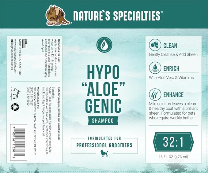 Nature's Specialties Hypoallergenic Ultra Concentrated Aloe Dog Shampoo for Pets, Makes up to 4 Gallons, Natural Choice for Professional Groomers, for Sensitive Skin, Made in USA, 16 oz