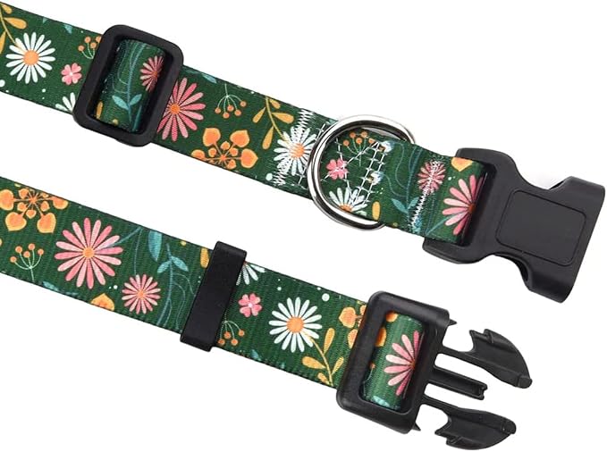 Mihqy Dog Collar and Leash Set with Bohemia Floral Tribal Geometric Patterns - Soft Ethnic Style Collar Adjustable for Small Medium Large Dogs(Dark Green Flower Set,XS)