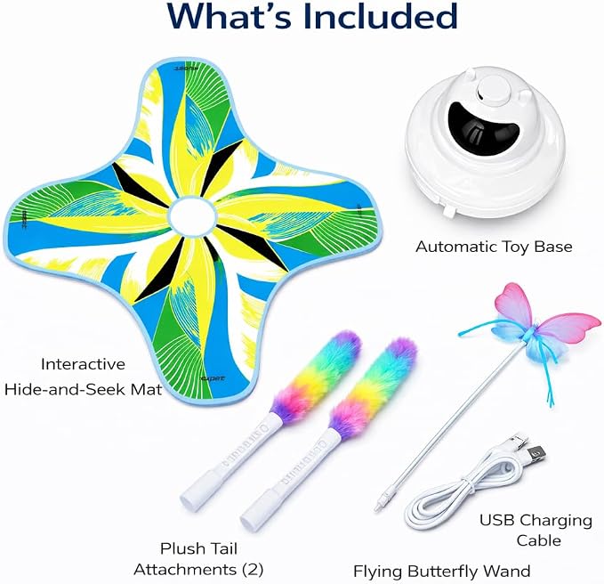 Interactive Cat Toy for Indoor Cats, Rechargeable 3-in-1 Hide and Seek Cat Toy with Spinning Butterfly & Plush Tail, Touch Activated Self Play Electric Cat Exercise Toy for Adult Cats & Kittens
