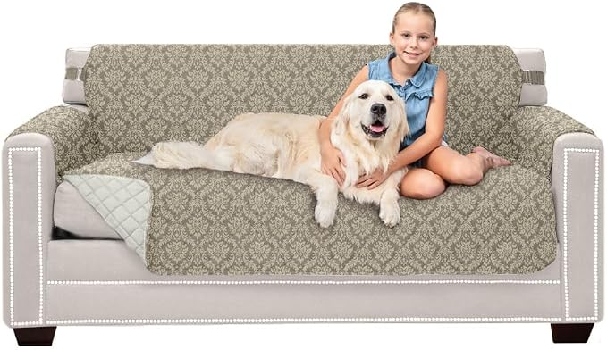 Sofa Shield® Couch Slip Covers for Dogs, Reversible Furniture Protector with Strap, Stain and Tear Resistant Cushion Cover, 70 inch Seat, Machine Washable Slipcover Pets, Cats, Damask Latte Ivory