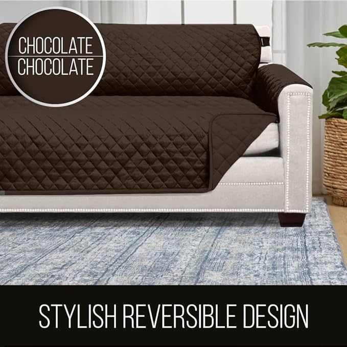Sofa Shield® Couch Slip Covers for Dogs, Reversible Furniture Protector with Strap, Stain and Tear Resistant Cushion Cover, 62 inch Seat, Machine Washable Slipcover Dog Pets Cats, Chocolate