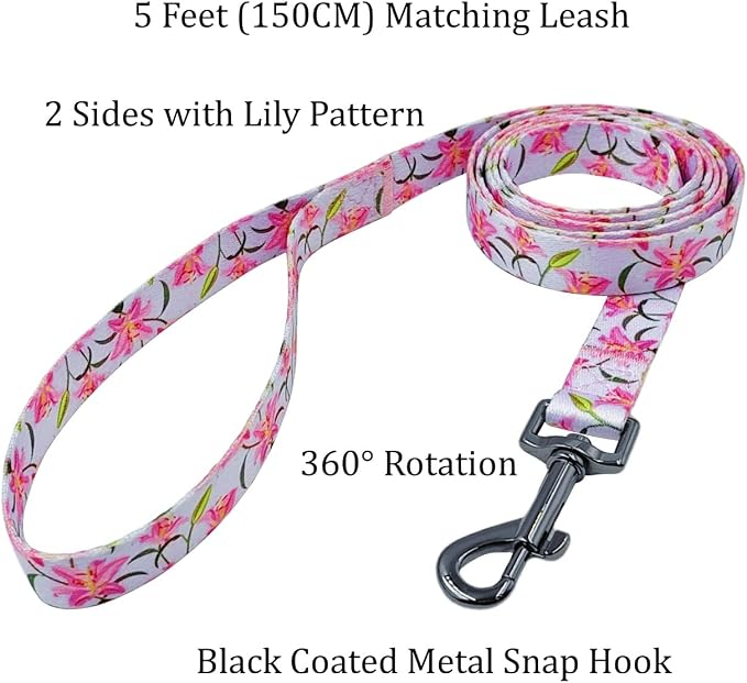 Dog Collar Leash Set, Floral Pattern, Polyester Material, Adjustable Collar and 5ft Matchcing Leash, for Small Dogs.(S, Purple Lily)