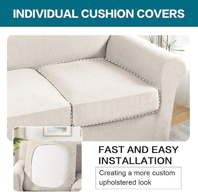 Turquoize 4 Piece Sofa Covers for 3 Cushion Couch Sofa Slipcover Soft Couch Cover for Dogs-Washable Sofa Furniture Covers with 3 Individual Large Cushion Covers, Feature Thick Fabric (XL Sofa, Ivory)