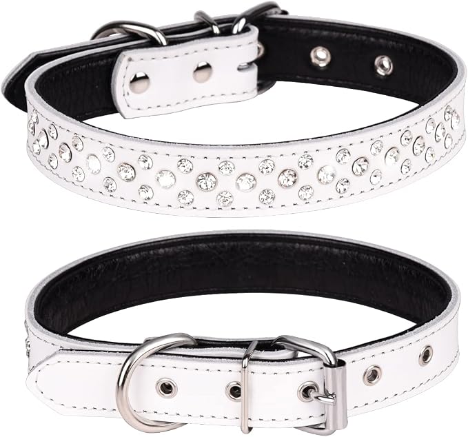 Rhinestone Dog Collar, Adjustable Cute Dazzling Sparkling Soft Leather Dog Collar Crystal Diamond Pet Dog Puppy Collar (M, White)