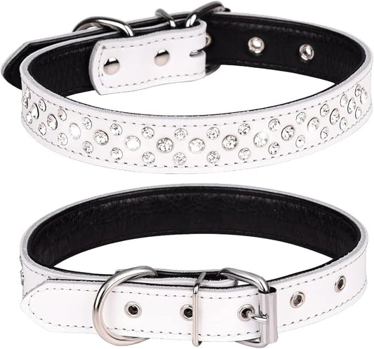 Rhinestone Dog Collar, Adjustable Cute Dazzling Sparkling Soft Leather Dog Collar Crystal Diamond Pet Dog Puppy Collar (M, White)