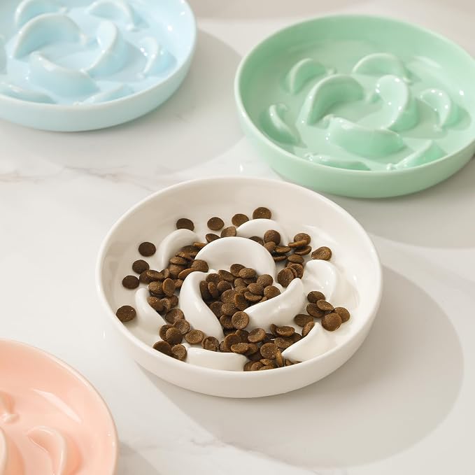 Cat Slow Feeder Bowl Set - 2 Pcs Ceramic Cat Food Plates for Slow Eating - Double Cat Dish for Dry Wet Food - Slow Feeding Cat Bowls Whisker Friendly - Microwave and Dishwasher Safe - White and Blue