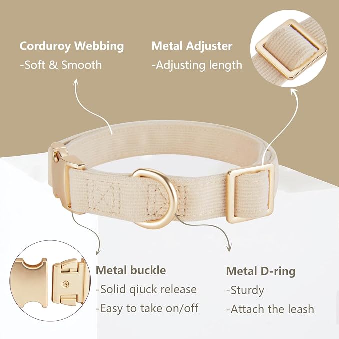 Soft Corduroy Dog Collar and Leash Set Adjustable Durable Wedding Dog Collars with Metal Buckle and Lead for Large Dogs,Beige
