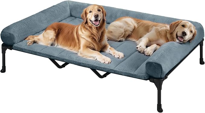 Veehoo Orthopedic Elevated Dog Bed with Fluffy Plush Bolster Cushion, Indoor Raised Dog Beds for Large Dogs, Soft Pet Sofa Cot with Removable Washable Mat, No-Slip Feet, 59 x 37 inches, Haze Blue