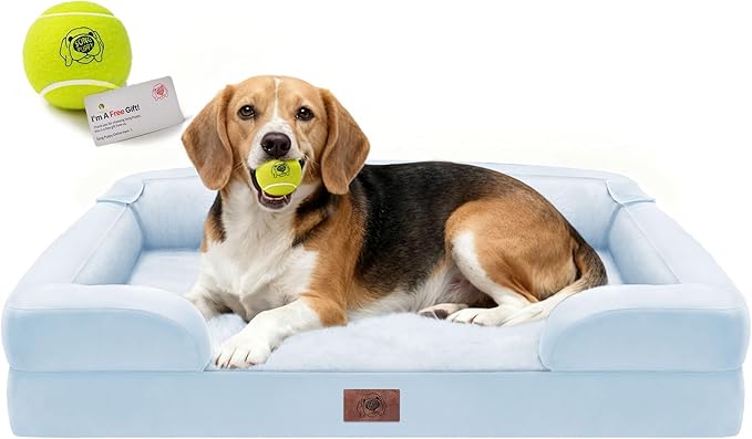 Orthopedic Memory Foam Dog Bed, 36x27, Waterproof for Large Dogs | Removable, washable cover • Waterproof memory foam liner • Bolstered couch design for joint relief • Includes tennis ball toy